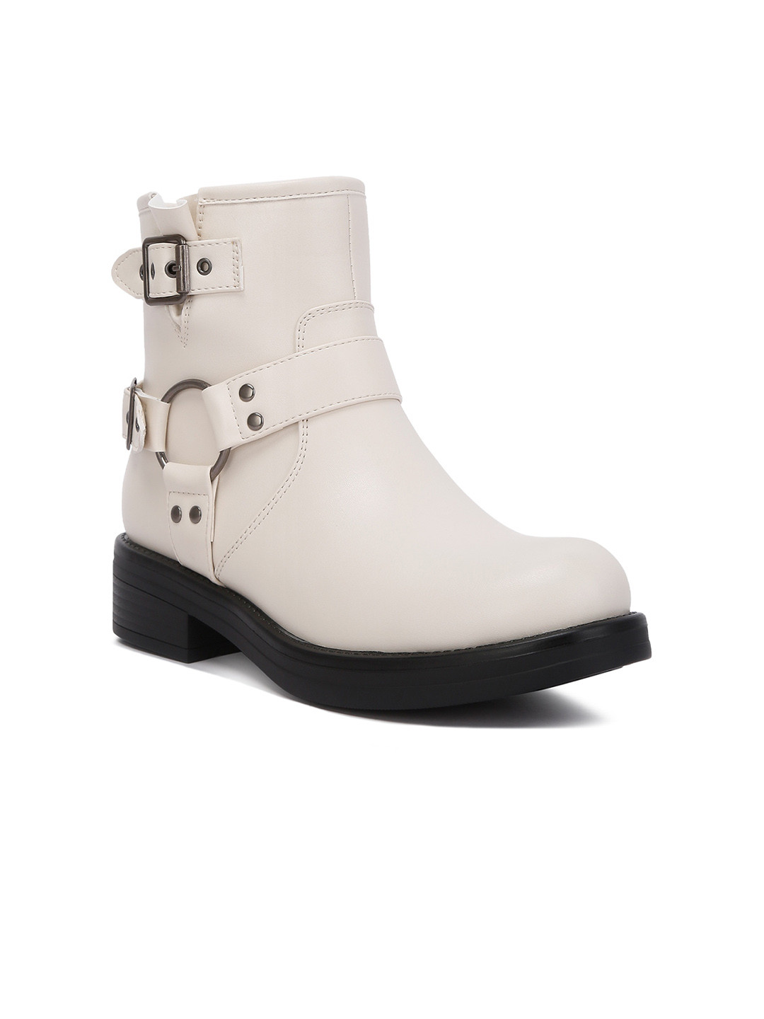 London Rag Women Round Toe Allux Pin Buckle Block Heeled Boots