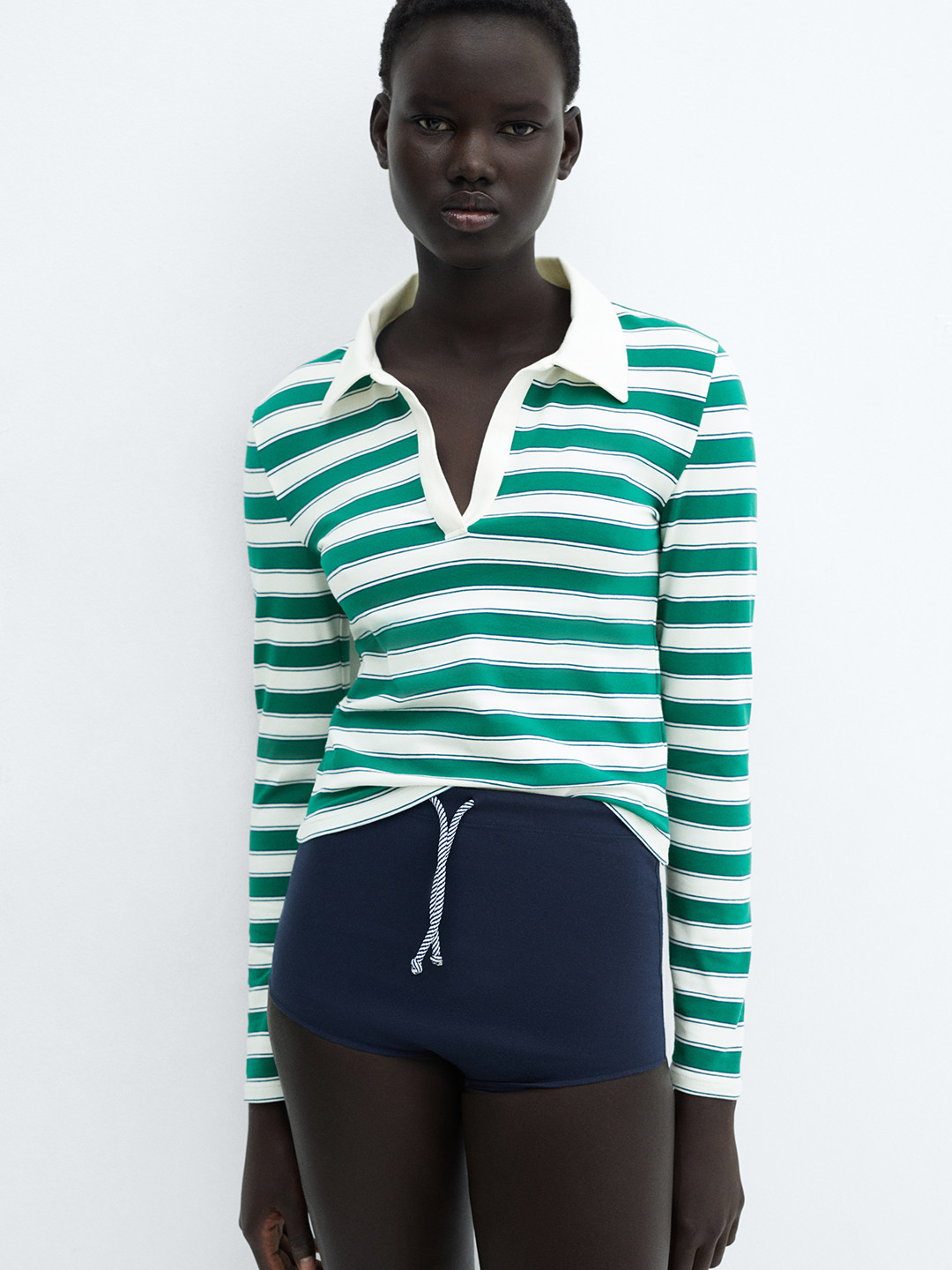 MANGO Striped V-Neck Polo T-shirt