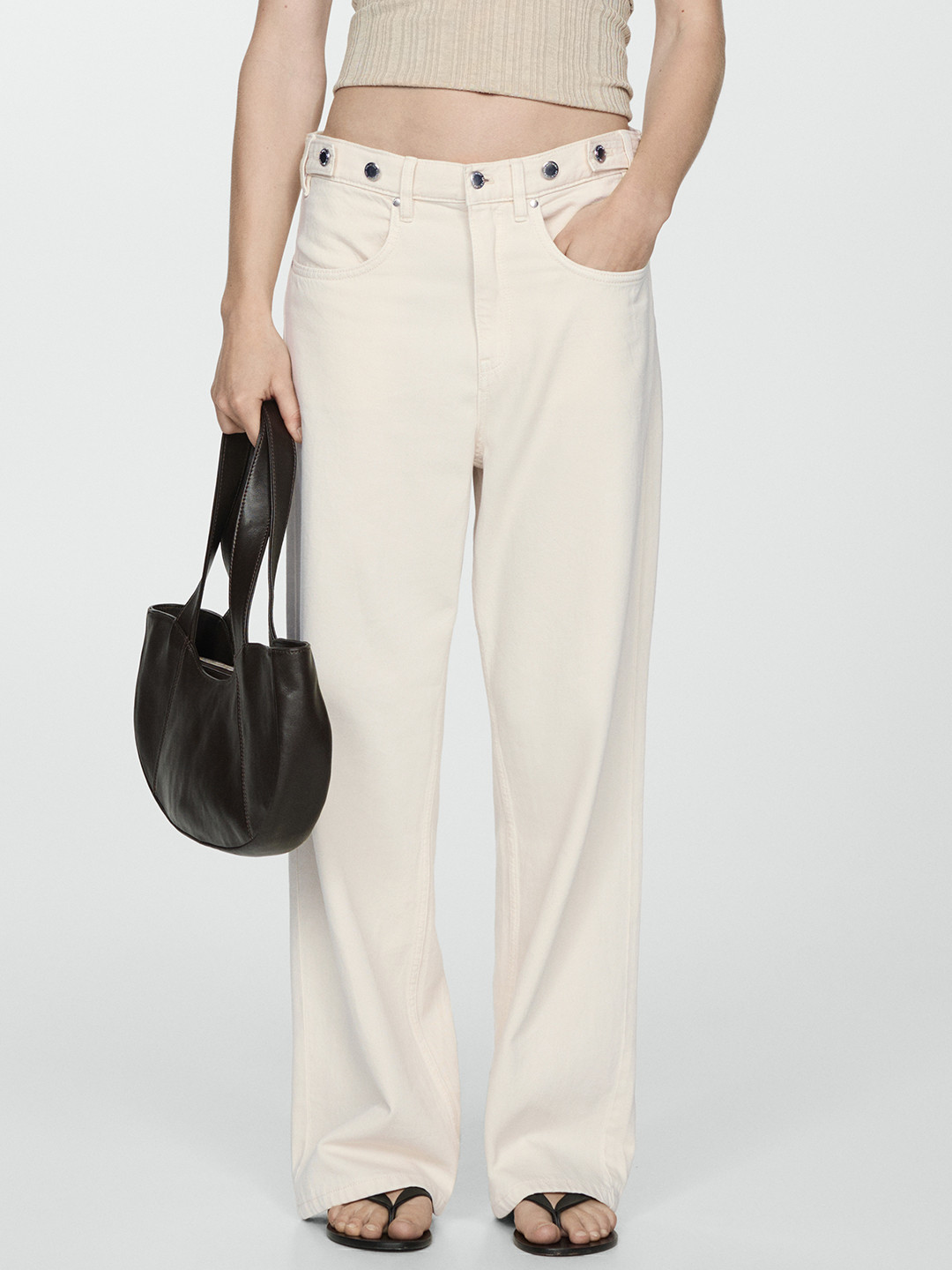 MANGO Women Adjustable Buttons Pure Cotton Wide Leg Jeans