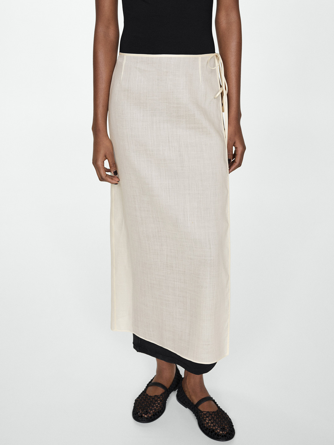 MANGO Open Side Tie-Up Ramie Midi Straight Skirt