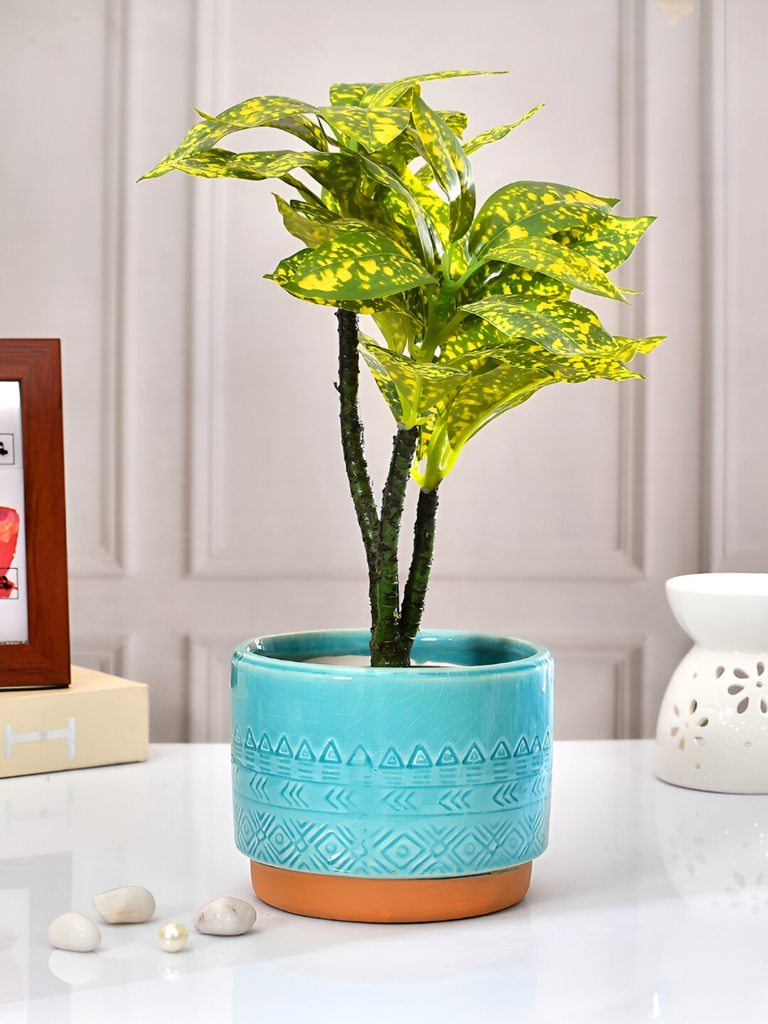 TAYHAA Teal Blue & Orange Printed Ceramic Planter