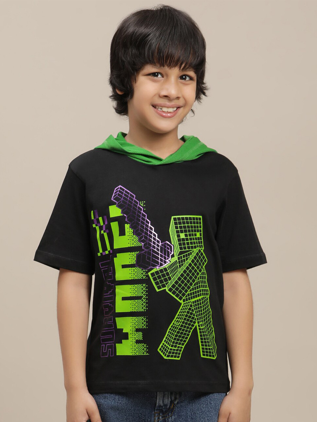 Kids Ville Boys Minecraft Printed Pure Cotton Hooded Neck Tshirt