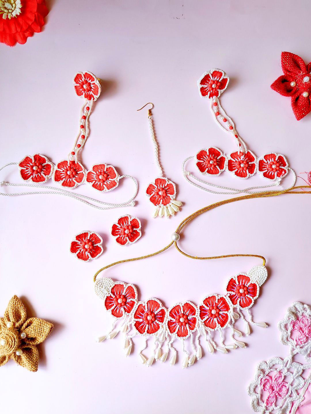 Sangria Red Gold-Plated Beaded Jewellery Set