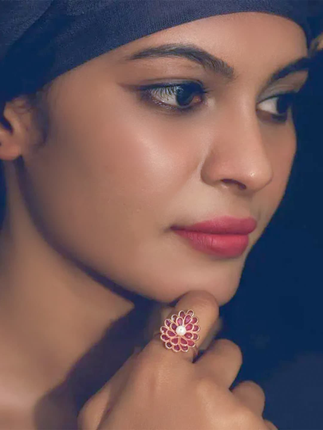 Unniyarcha Gold Plated Silver Stones Studded Floral Shaped Secret Garden Blush Ring