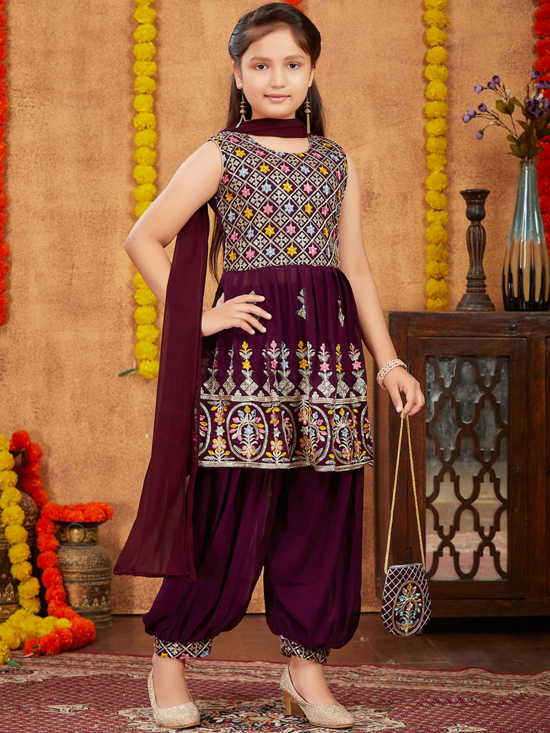 BAESD Girls Ethnic Motifs Embroidered Flared Thread Work Anarkali Kurti Set