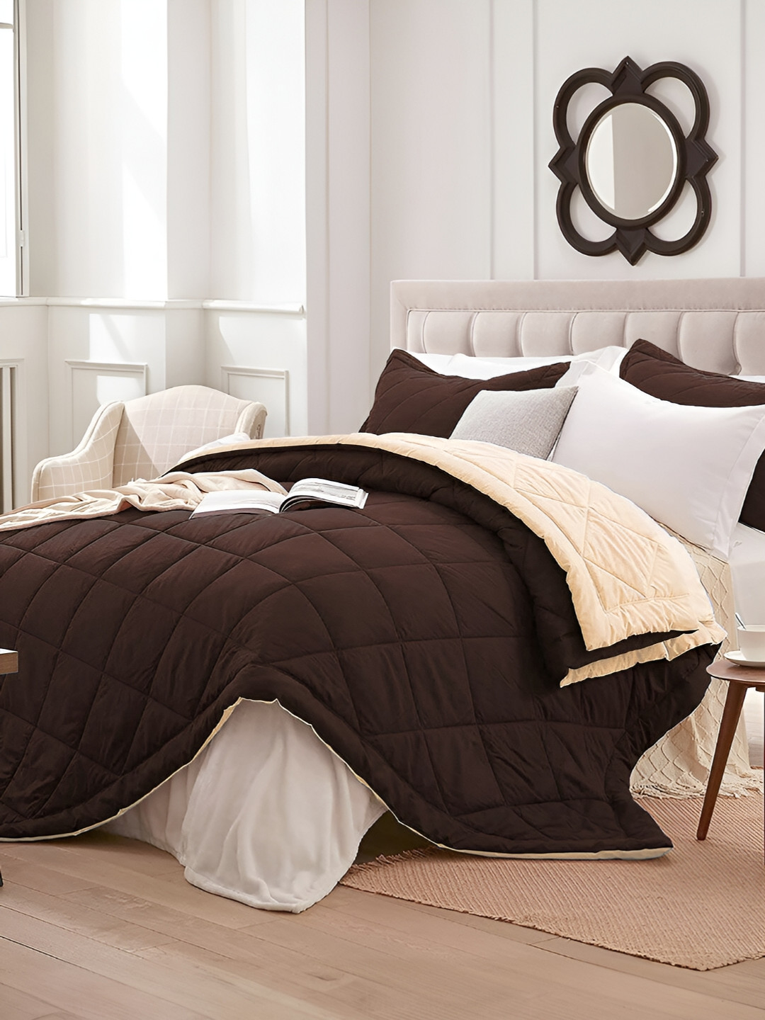 Aura Coffee Brown & Beige AC Room 150 GSM Double Bed Quilt