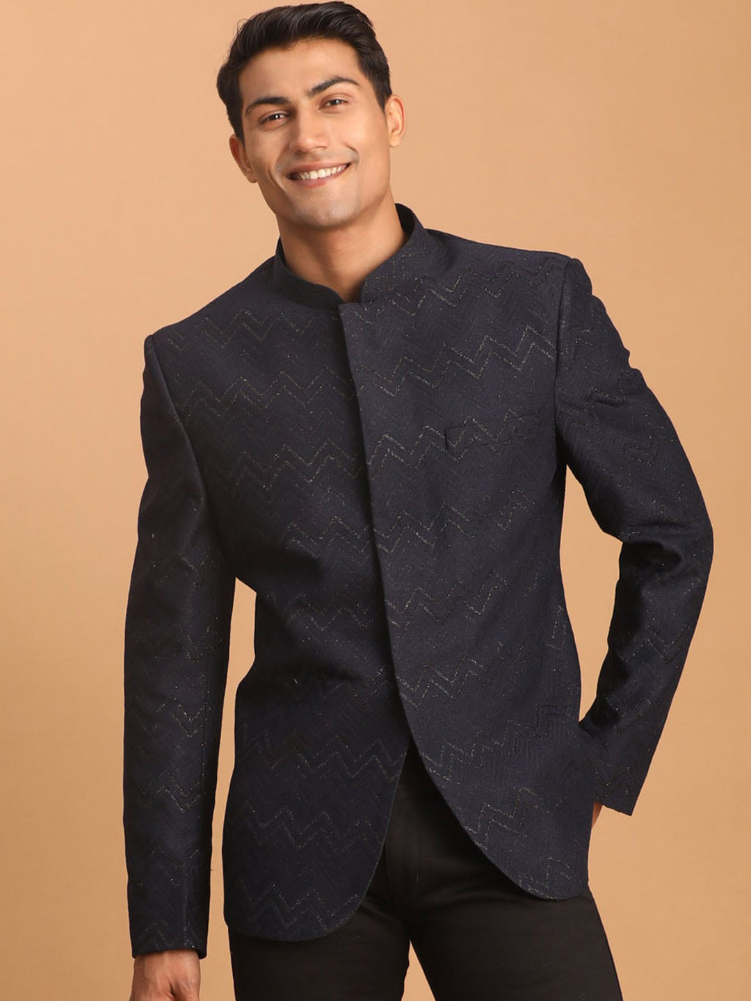 VASTRAMAY Men Self Design Mandarin Collar Silk Bandhgala Jodhpuri Blazer