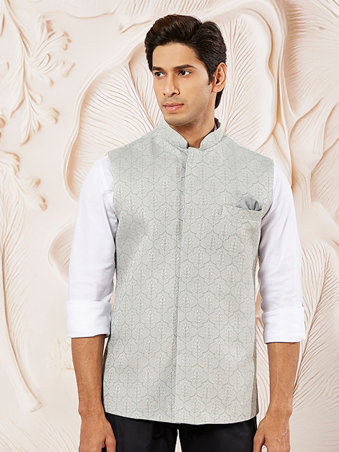 VASTRAMAY Leaf Motif Woven Nehru Jacket