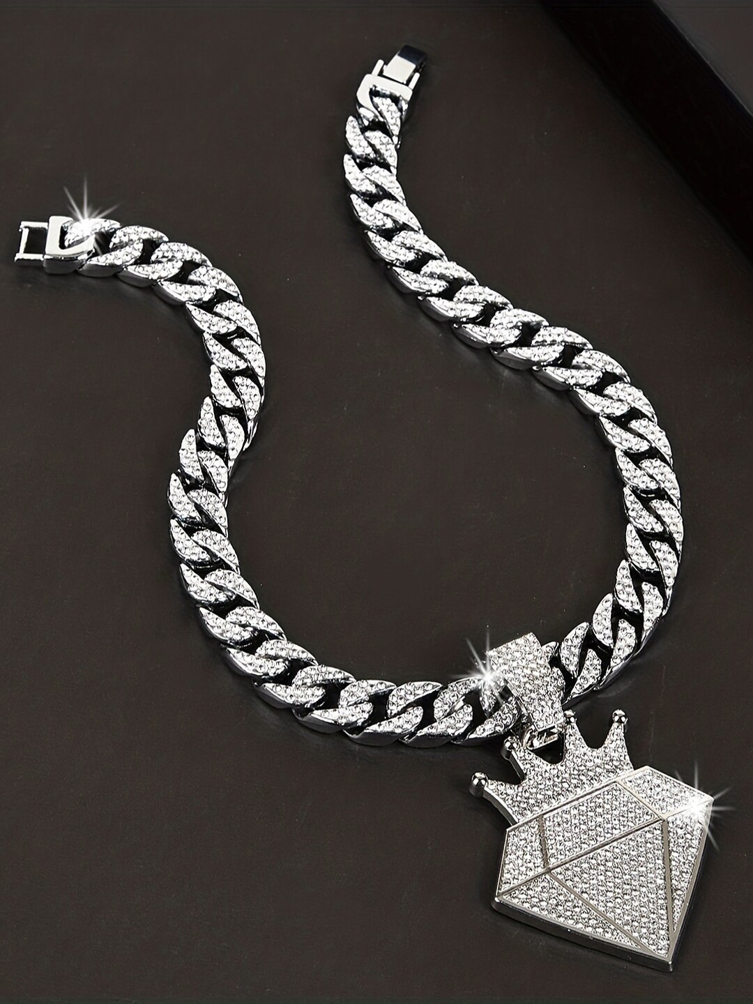 Krelin Men Silver-Plated Studded Hip Hop Style Crown Pendant with Chain