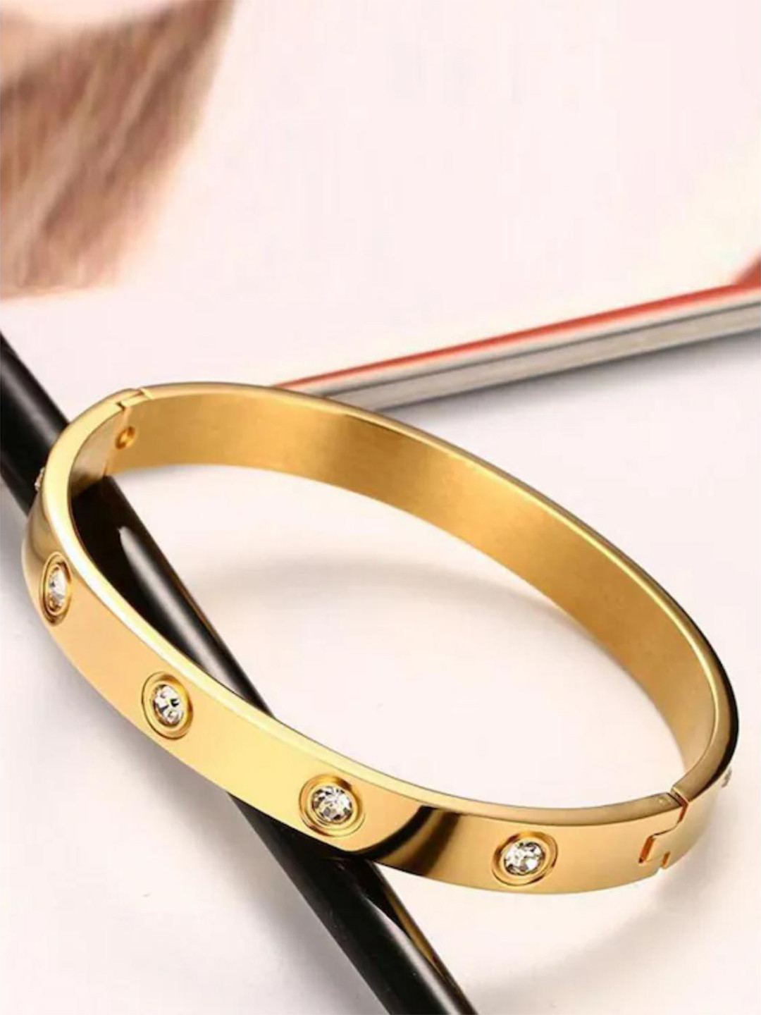 DN Creation Stainless Steel Cubic Zirconia Studded Kada Bracelet