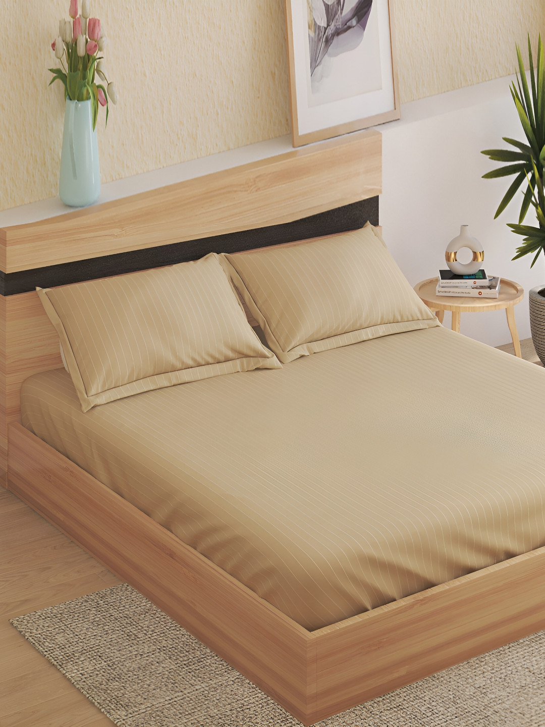 Home Centre Beige Striped 210 TC Cotton Super King Bedsheet With 2 Pillow Covers