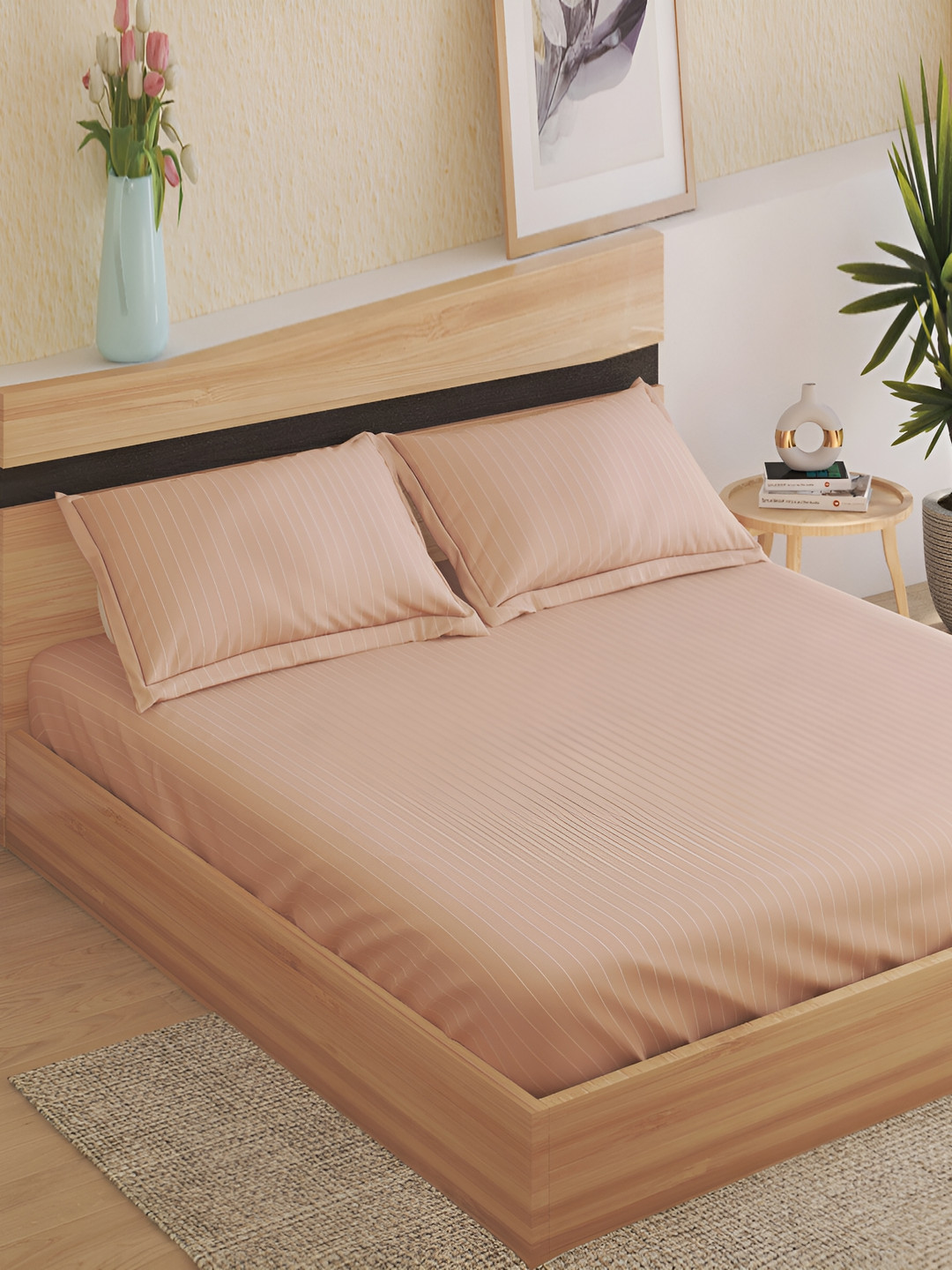 Home Centre Pink Striped Cotton 210 TC King Fine Bedsheet with 2 Pillow Covers-274 x 274 cm