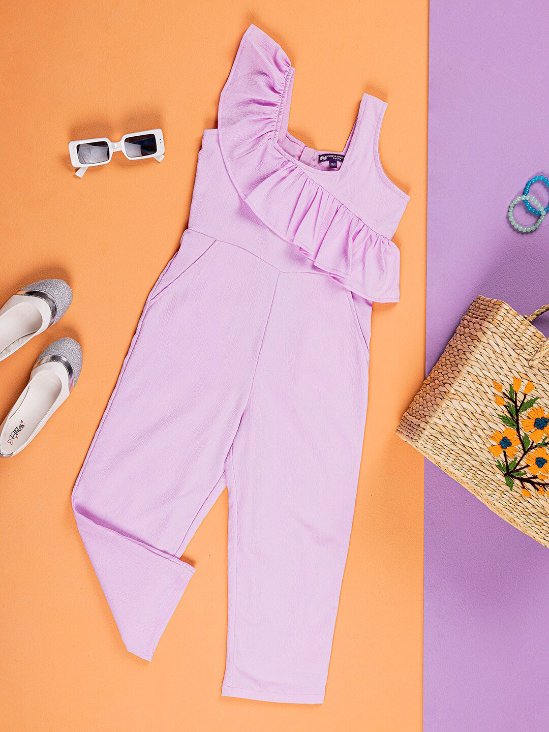 Purple United Kids Girls Basic Jumpsuit with Ruffles
