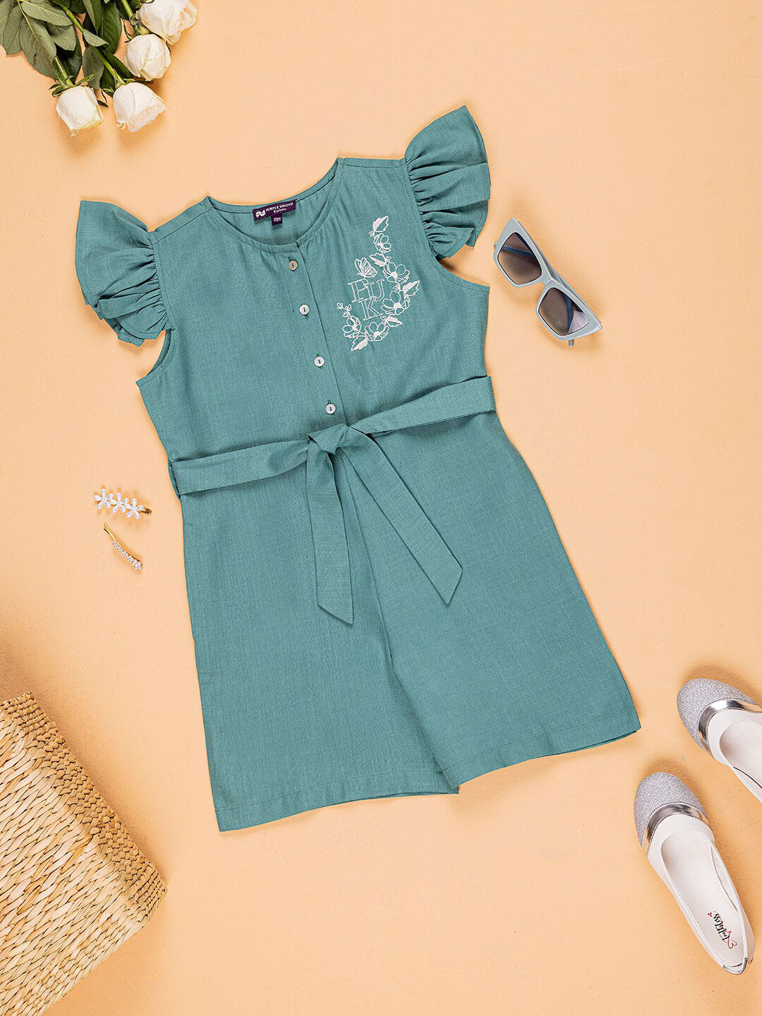 Purple United Kids Girls Printed Linen Playsuit