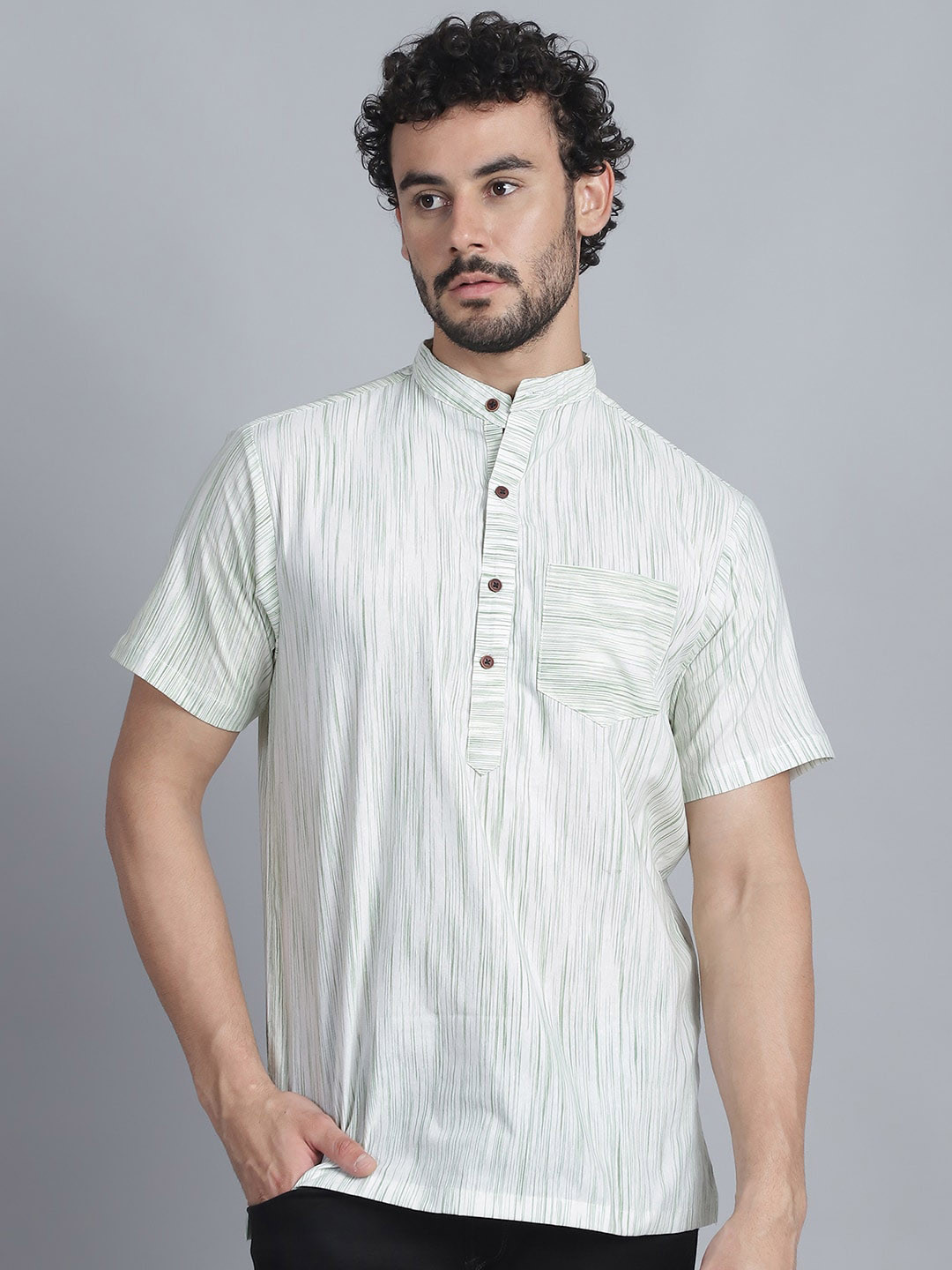 Enchanted Drapes Striped Band Collar Pure Cotton Straight Kurta