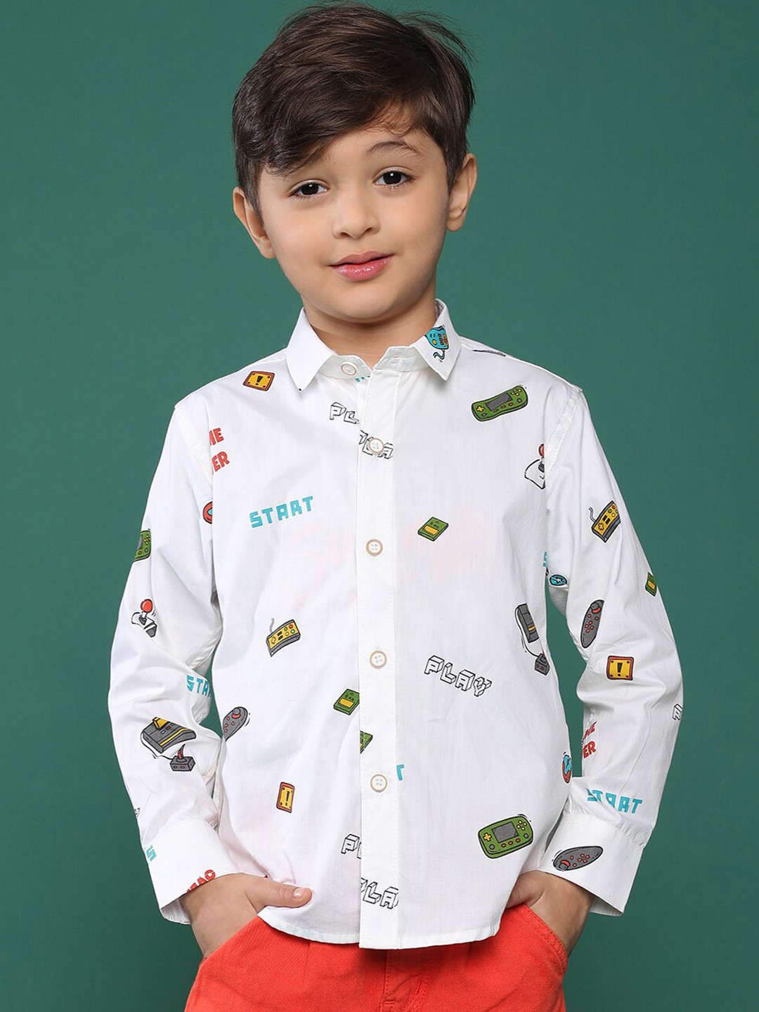 TALES & STORIES Boys White Conversational Printed Casual Full Sleeve Cotton Shirt