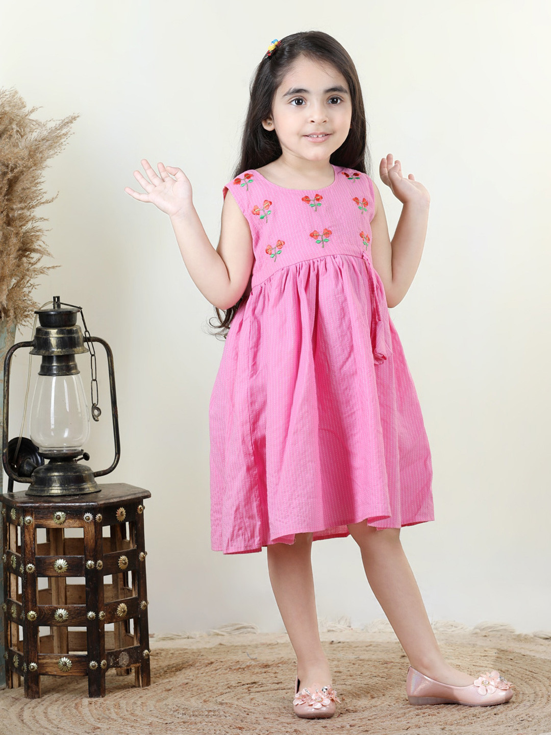 Sangria Girls Pink Floral Embroidered Cotton Sleeveless A-Line Ethnic Dress