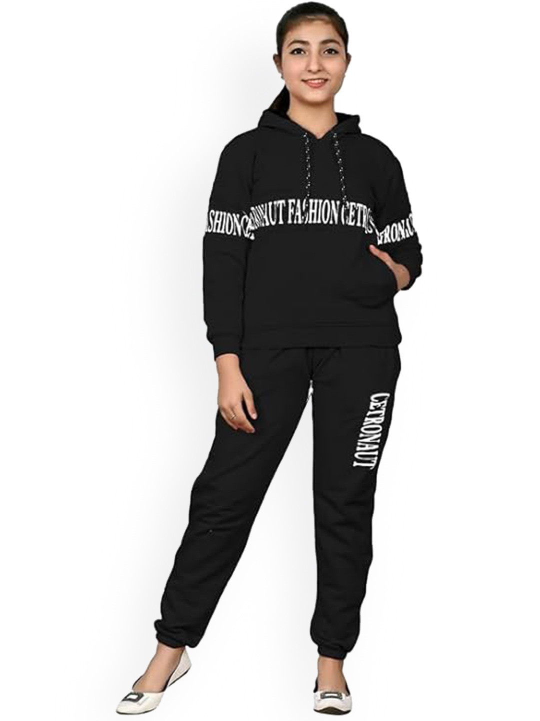 FELLAMO Girls Typography Printed Hood Sweatshirt & Track Pant