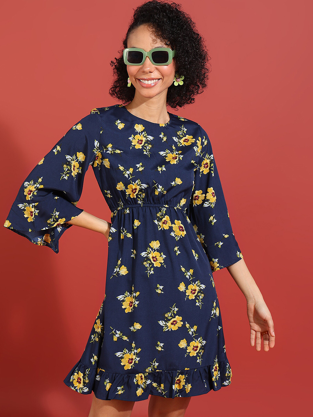 Murcia Floral Printed Round Neck A-Line Dress