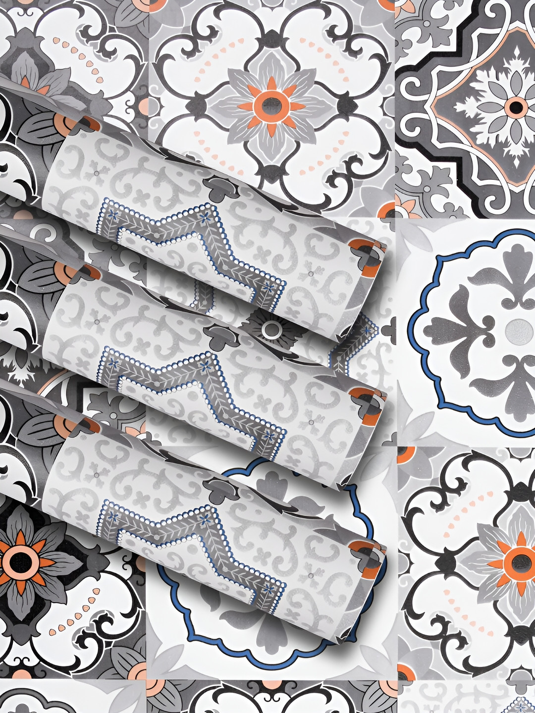 Kuber Industries 3 Pieces Grey & Rust Orange Printed Self Adhesive Wallpaper Sheets