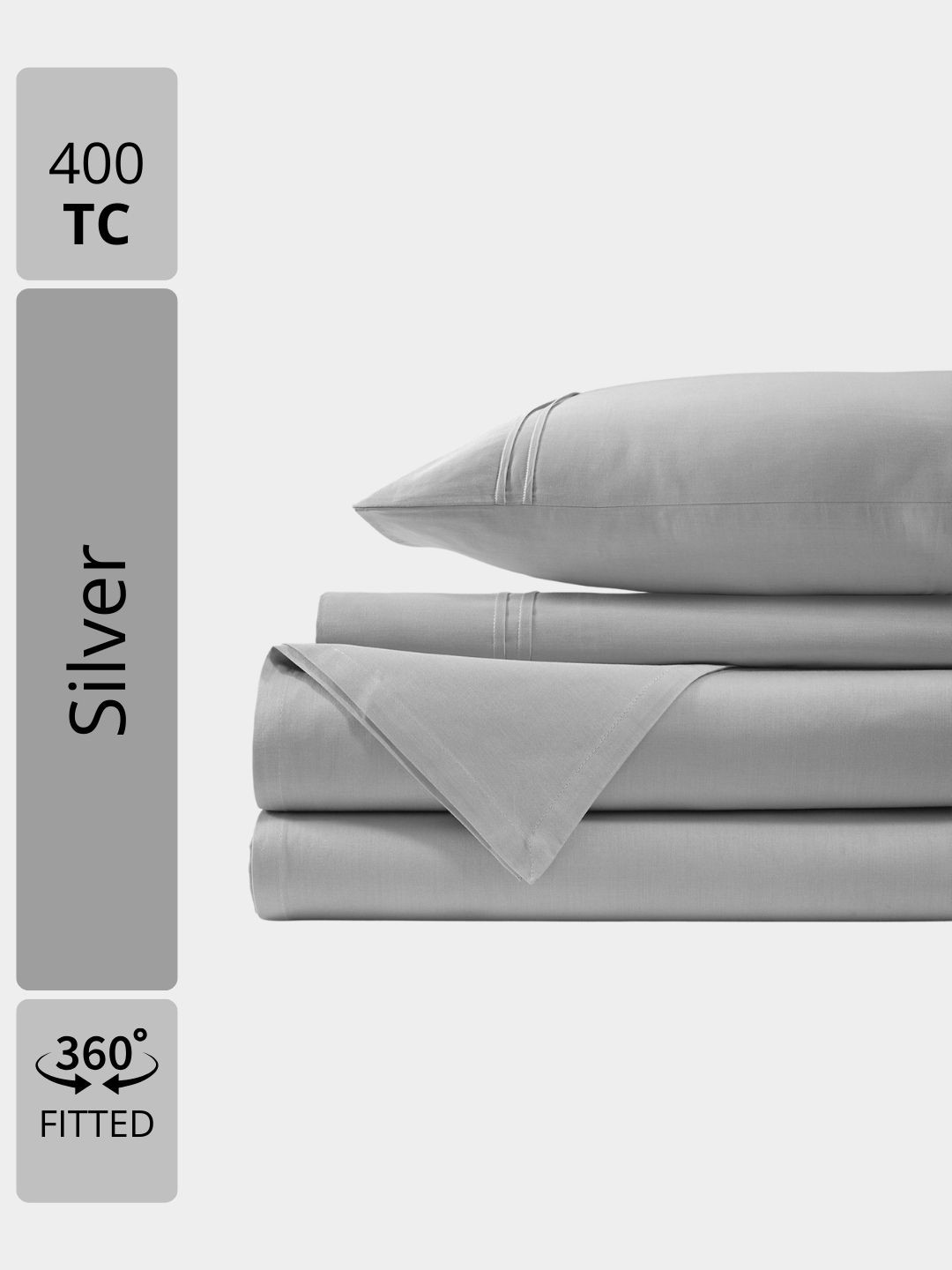 Aurave Silver-Toned Plain Cotton Satin 400 TC Fitted King Bedsheet Set 1.83m x 1.98m