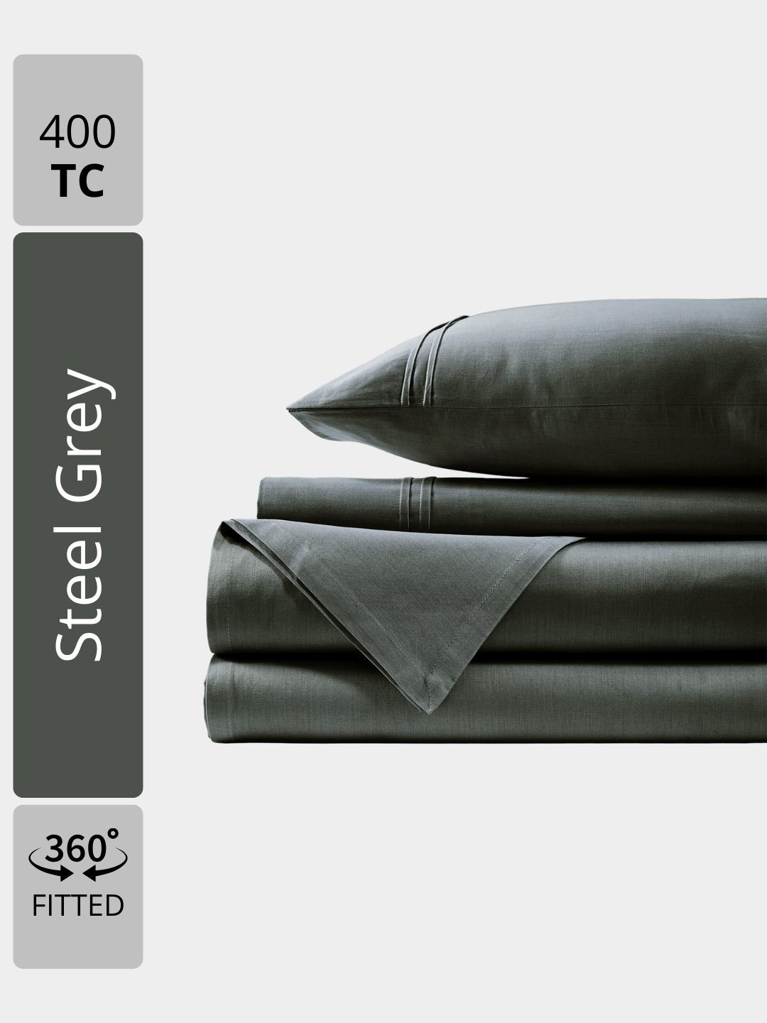 Aurave Steel Grey Plain Cotton Satin 400 TC Fitted King Bedsheet Set 1.83m x 1.98m