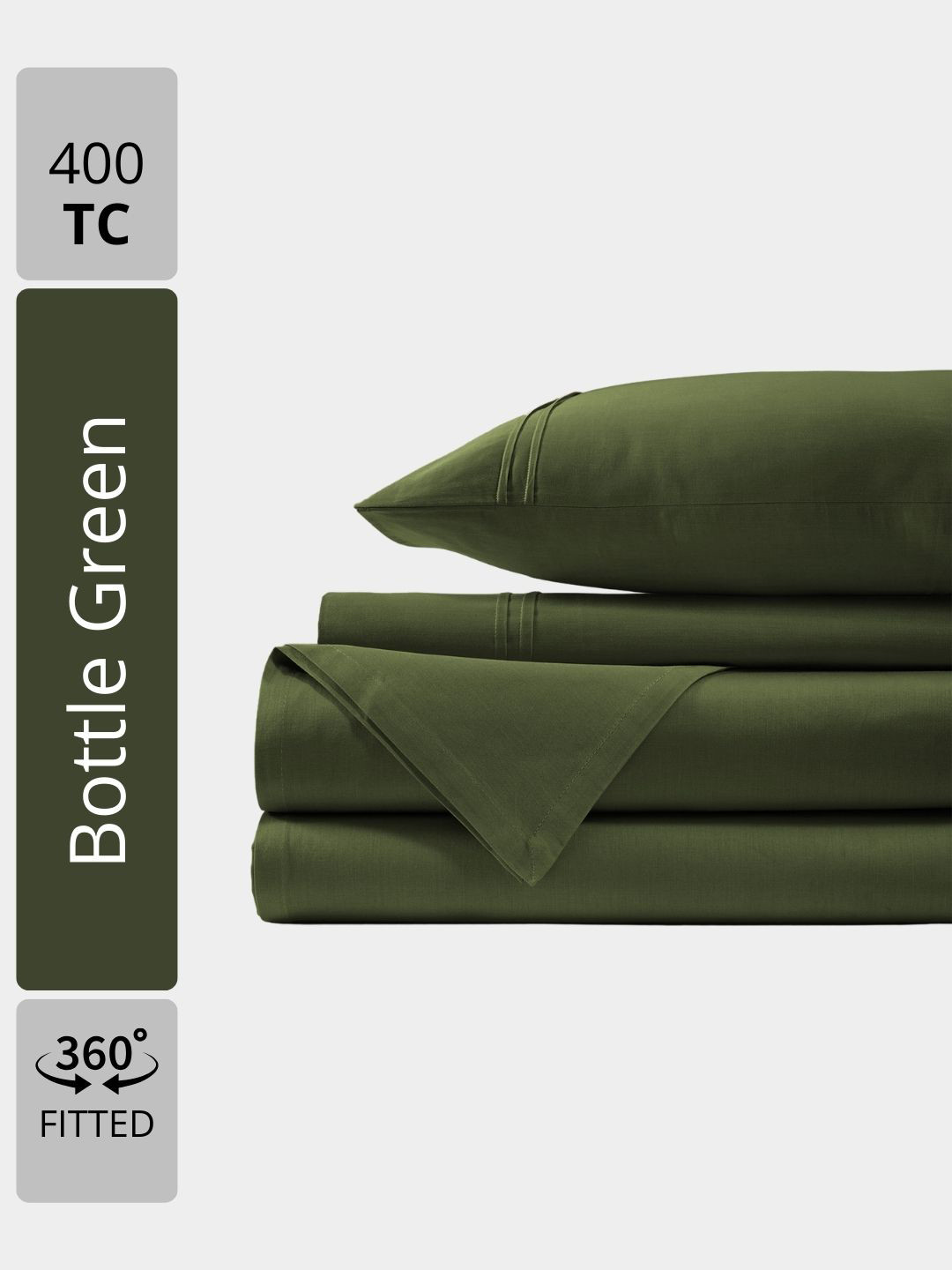 Aurave Bottle Green Plain Cotton Satin 400 TC Fitted King Bedsheet Set 1.83m x 1.98m