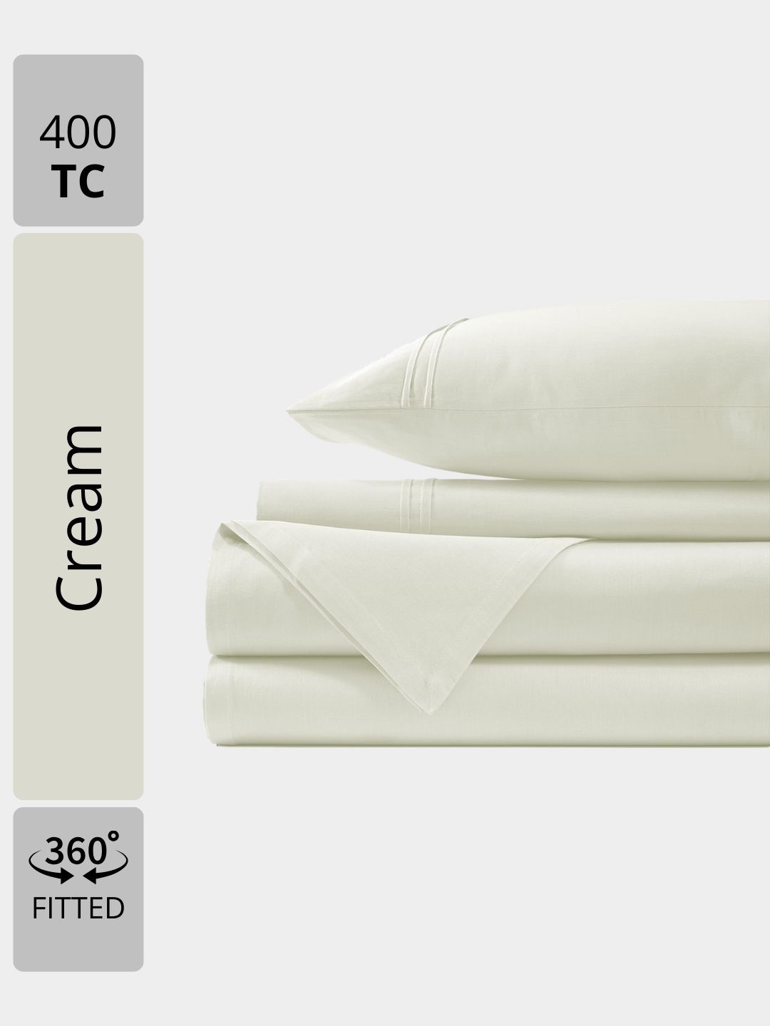 Aurave Cream Plain Cotton Satin 400 TC Fitted King Bedsheet Set 1.83 m x 1.98 m