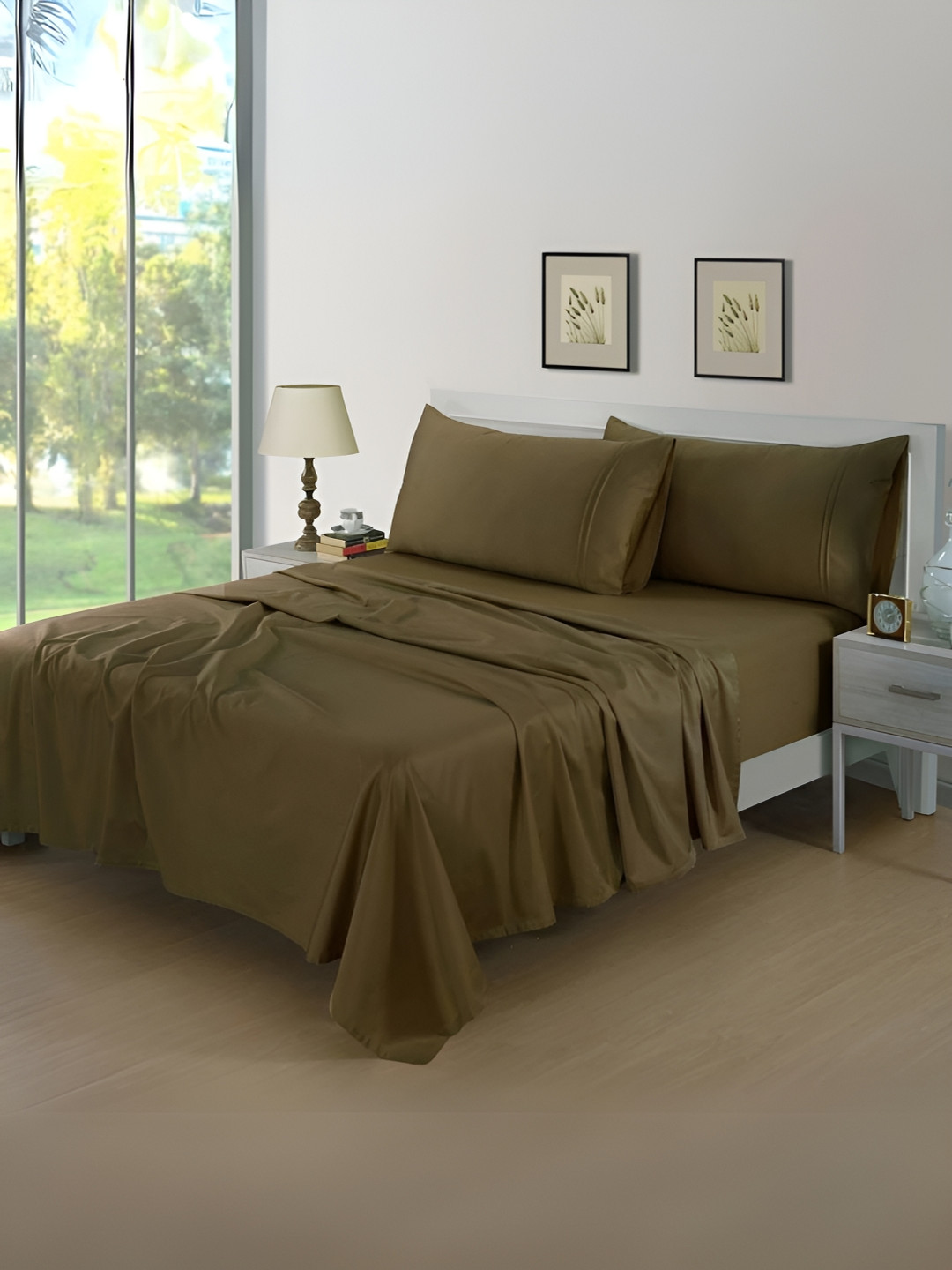 Aurave Rossini Brown Cotton Breathable 400 TC Fitted King Superfine Bedsheet with 2 Pillow Covers-72 x 78 inches