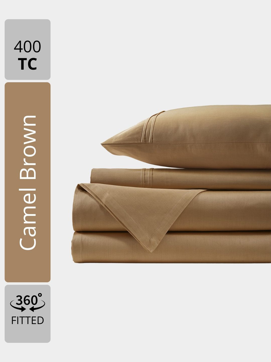 Aurave Camel Brown Cotton 400 TC Fitted King Superfine Bedsheet with 2 Pillow Covers-72 x 78 inches