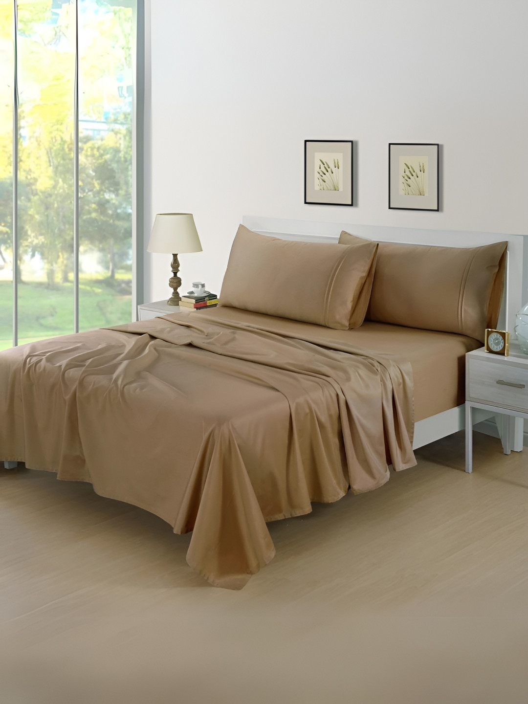 Aurave Camel Brown Cotton 400 TC King Superfine Bedsheet with 2 Pillow Covers-108 x 108 inches