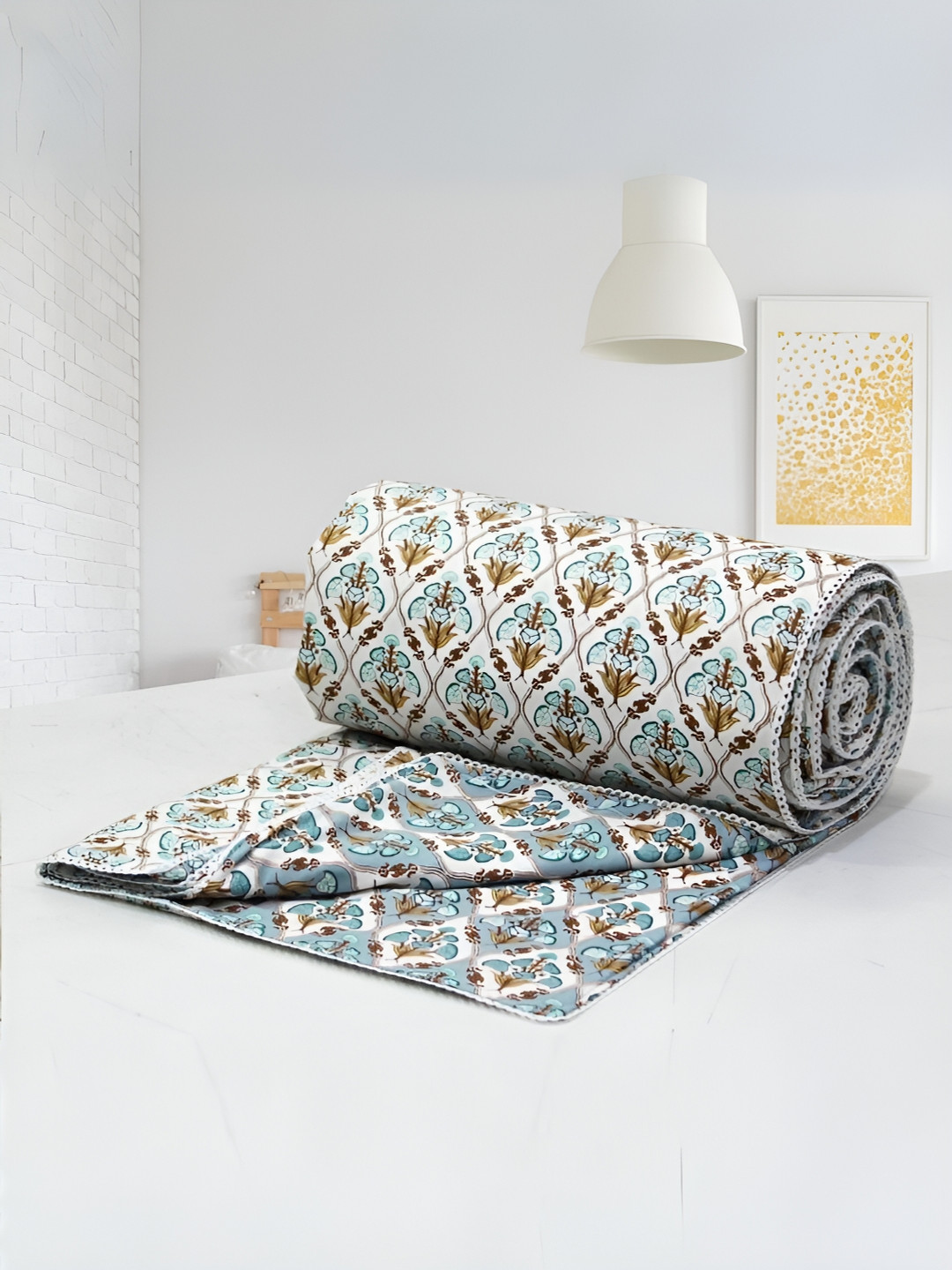 Aurave IRIS Blue & Yellow Floral AC Room Cotton Reversible 150 GSM Double Bed Dohar