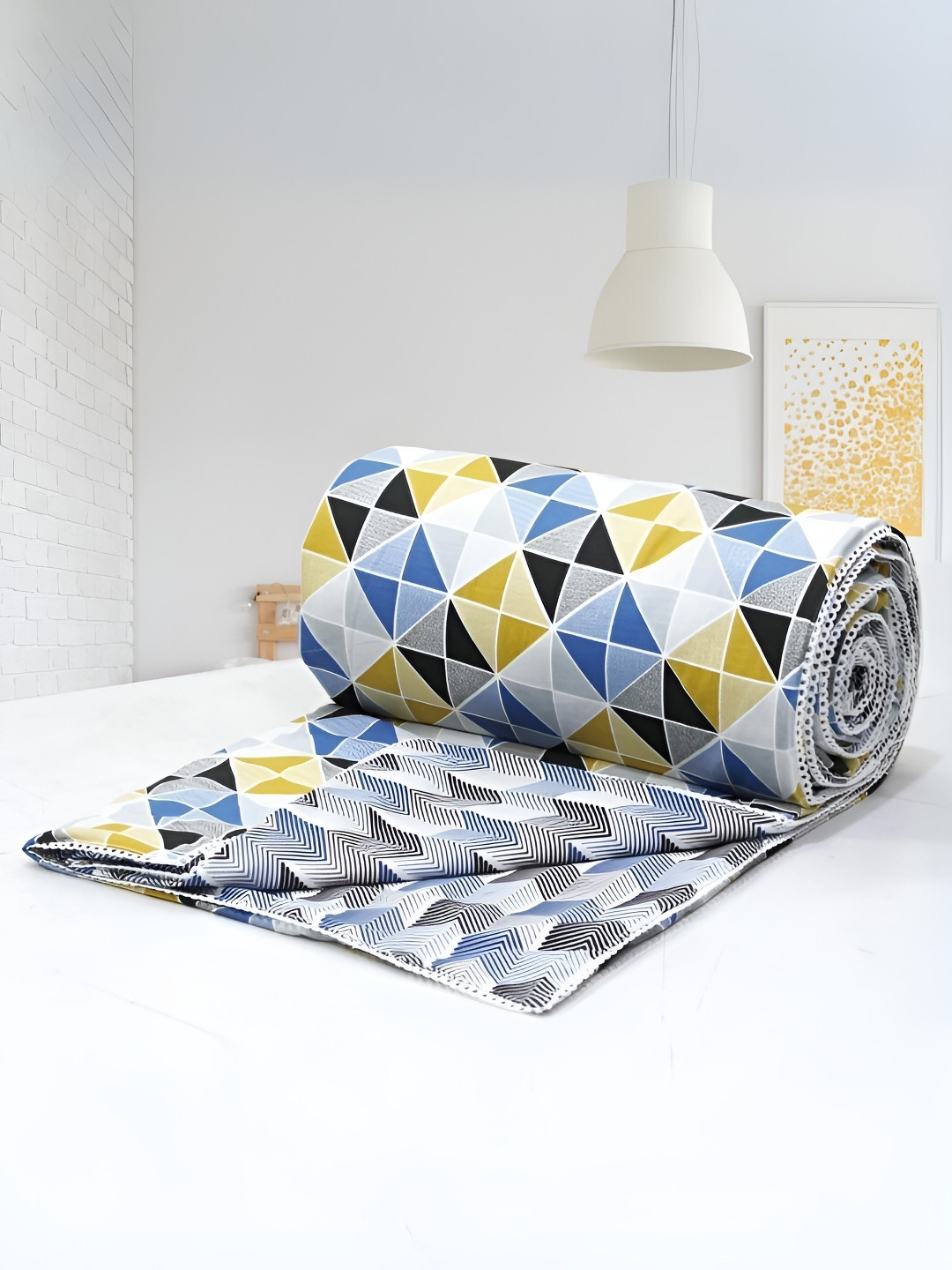 Aurave Iris Designer Yellow Geometric Reversible AC Room Cotton 150 GSM Double Bed Dohar