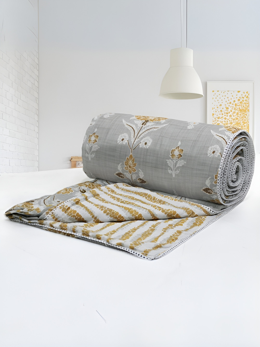 Aurave IRIS Grey & Mustard Floral Cotton AC Room 150 GSM Single Bed Dohar