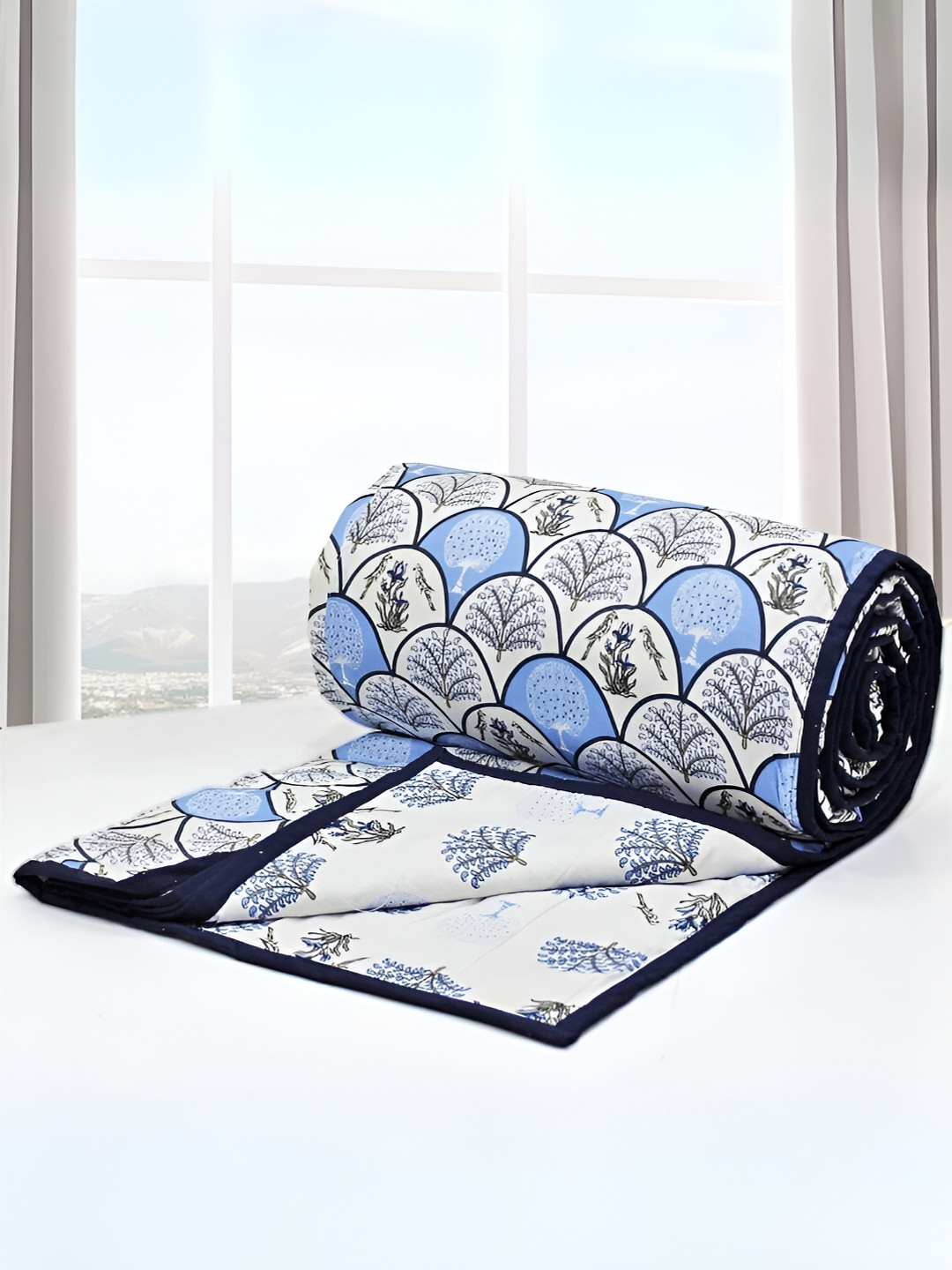 Aurave Riva Blue & White Floral AC Room Cotton 150 GSM Single Bed Dohar