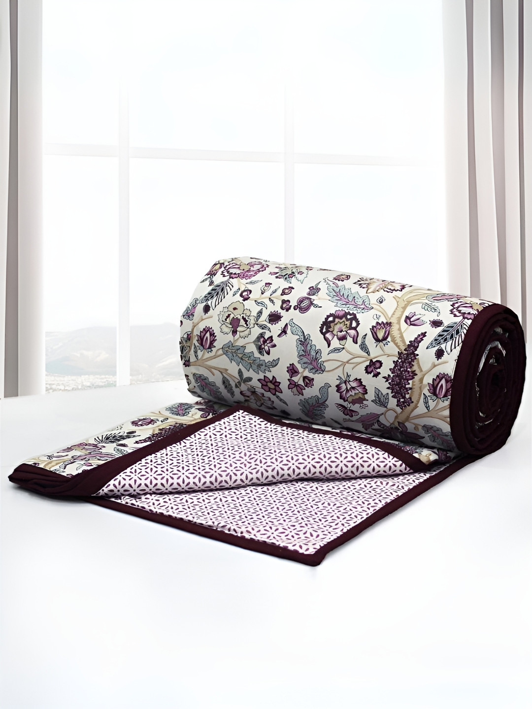 Aurave Burgundy & White Floral AC Room 150 GSM Double Bed Dohar