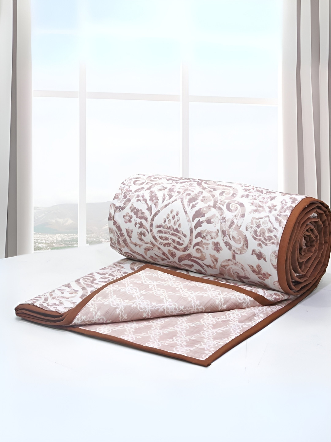 Aurave Brown & White Ethnic Motif Printed AC Room 150 GSM Single Bed Dohar