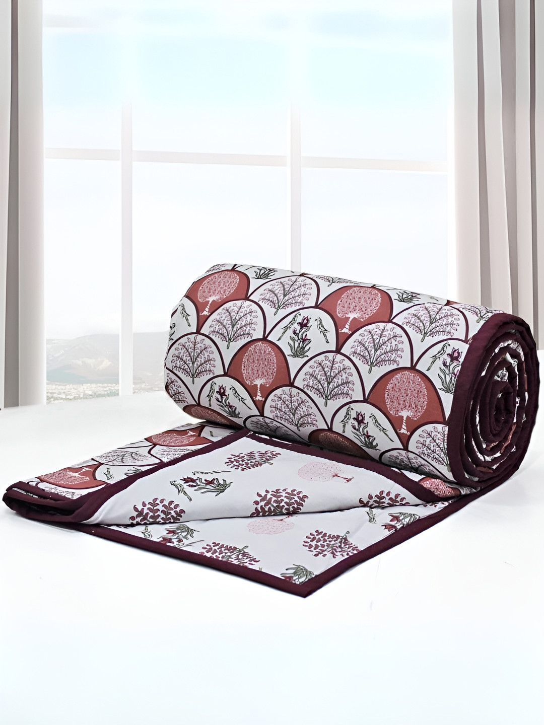 Aurave Burgundy & White Floral Cotton AC Room 150 GSM Single Bed Dohar