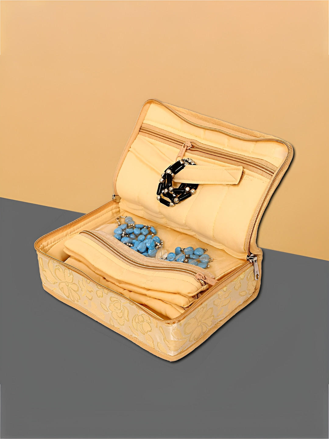 Kuber Industries Cream 2 Pieces Floral Self Design Silk Jewellery Organisers