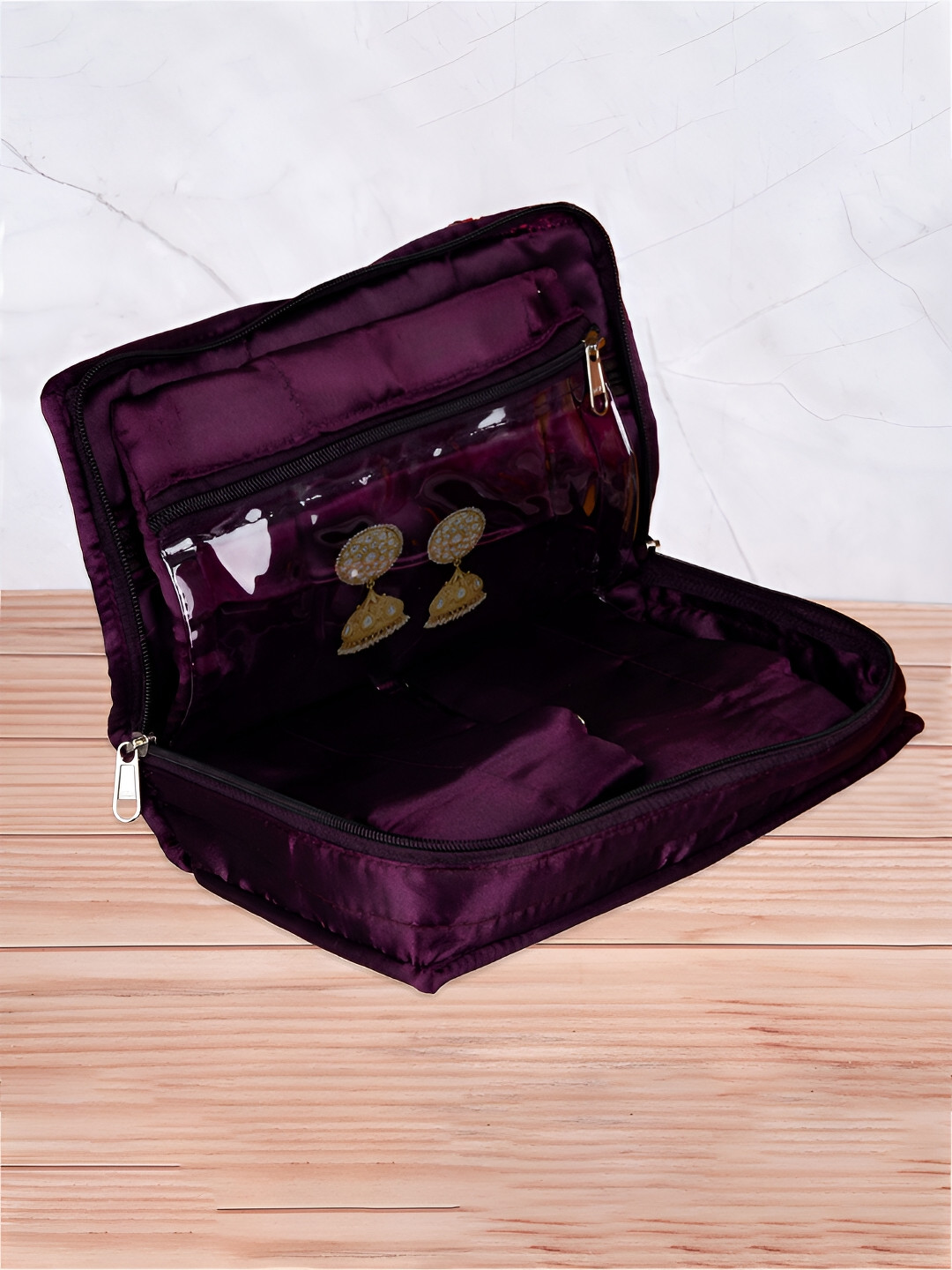 Kuber Industries Burgundy Satin Moti Beads Jewellery Organiser