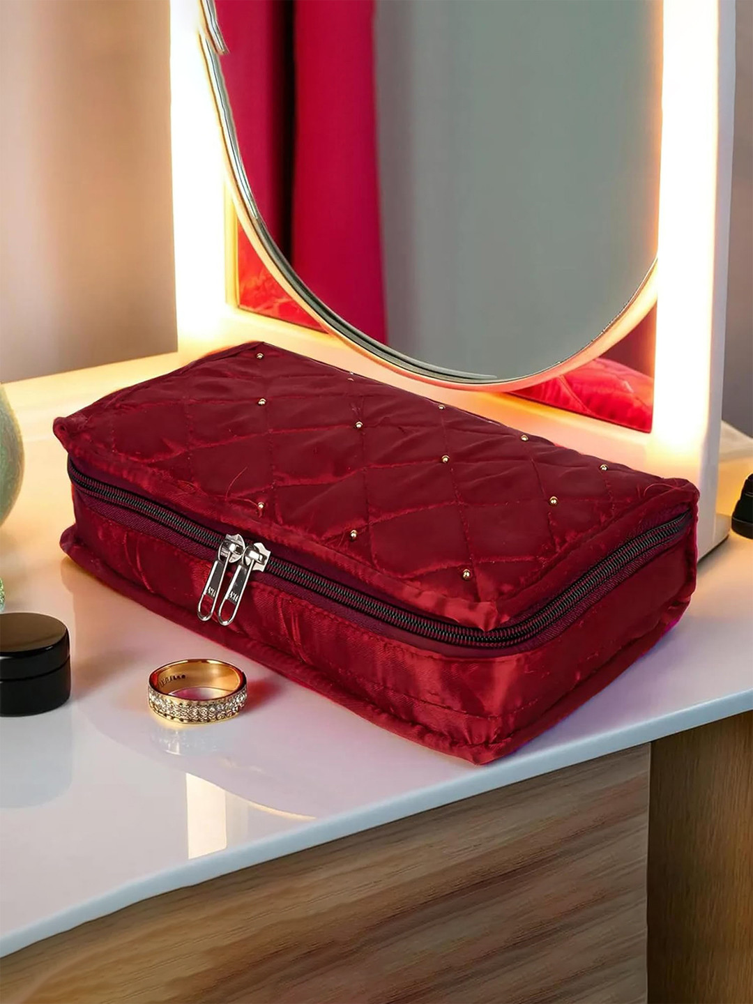 Kuber Industries Maroon Satin Moti Beads Jewellery Organiser With 6 Pouches