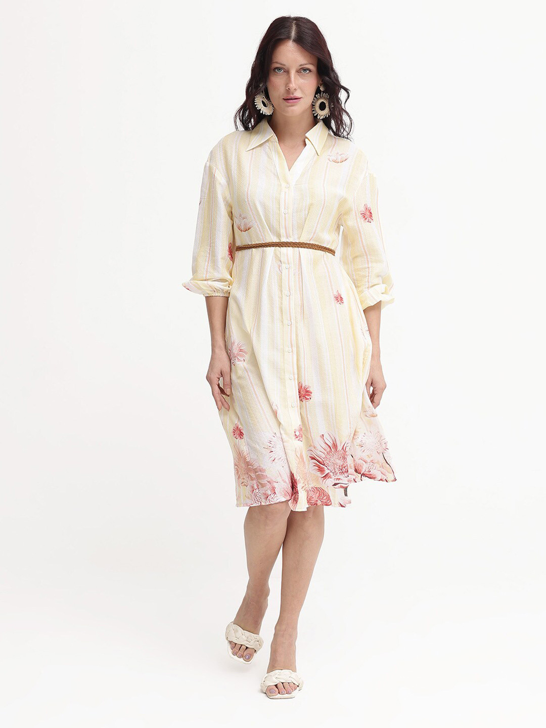 RAREISM Women Yellow Floral Print Shirt Collar Three-Quarter Sleeves A-Line Cotton Dress