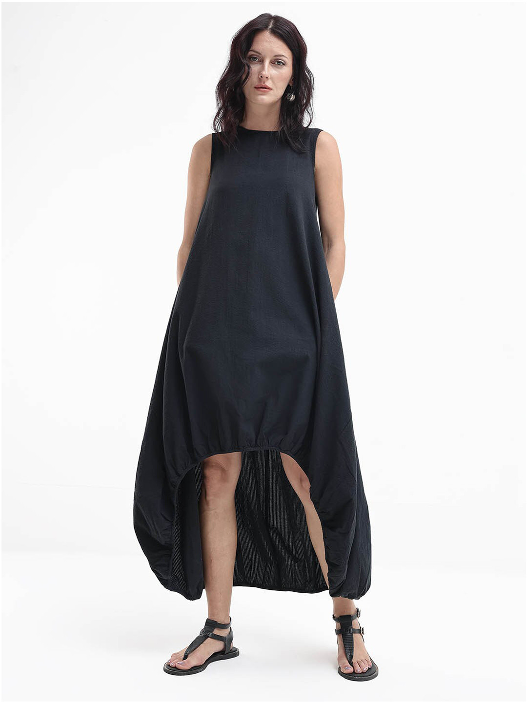 RAREISM Women Black Sleeveless Cotton Maxi Dress