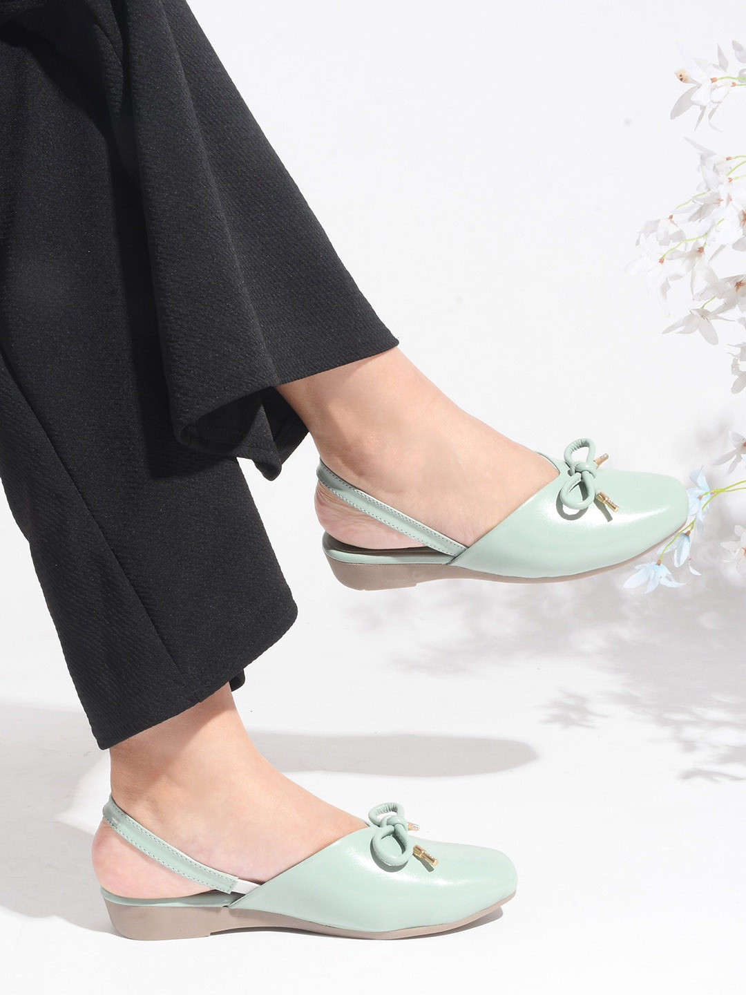 JM Looks Square Toe Slingback Flats With Bow Detail