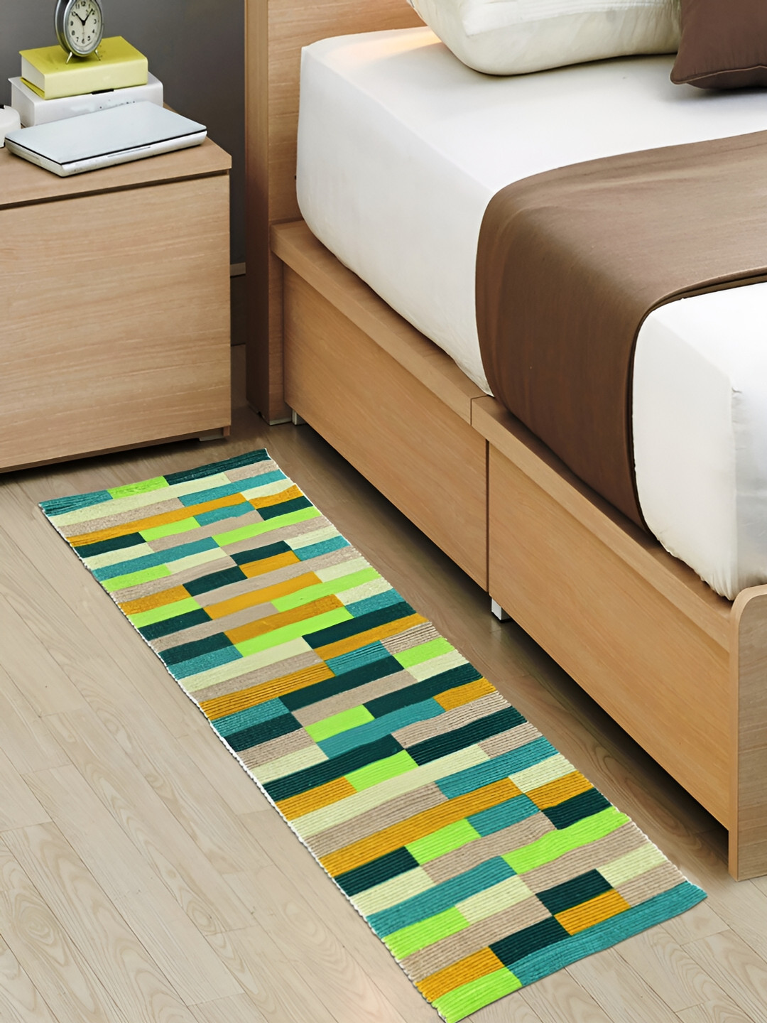 Saral Home LUCIER Green & Yellow Geometric Printed Cotton Anti Skid Rectangle Floor Runner
