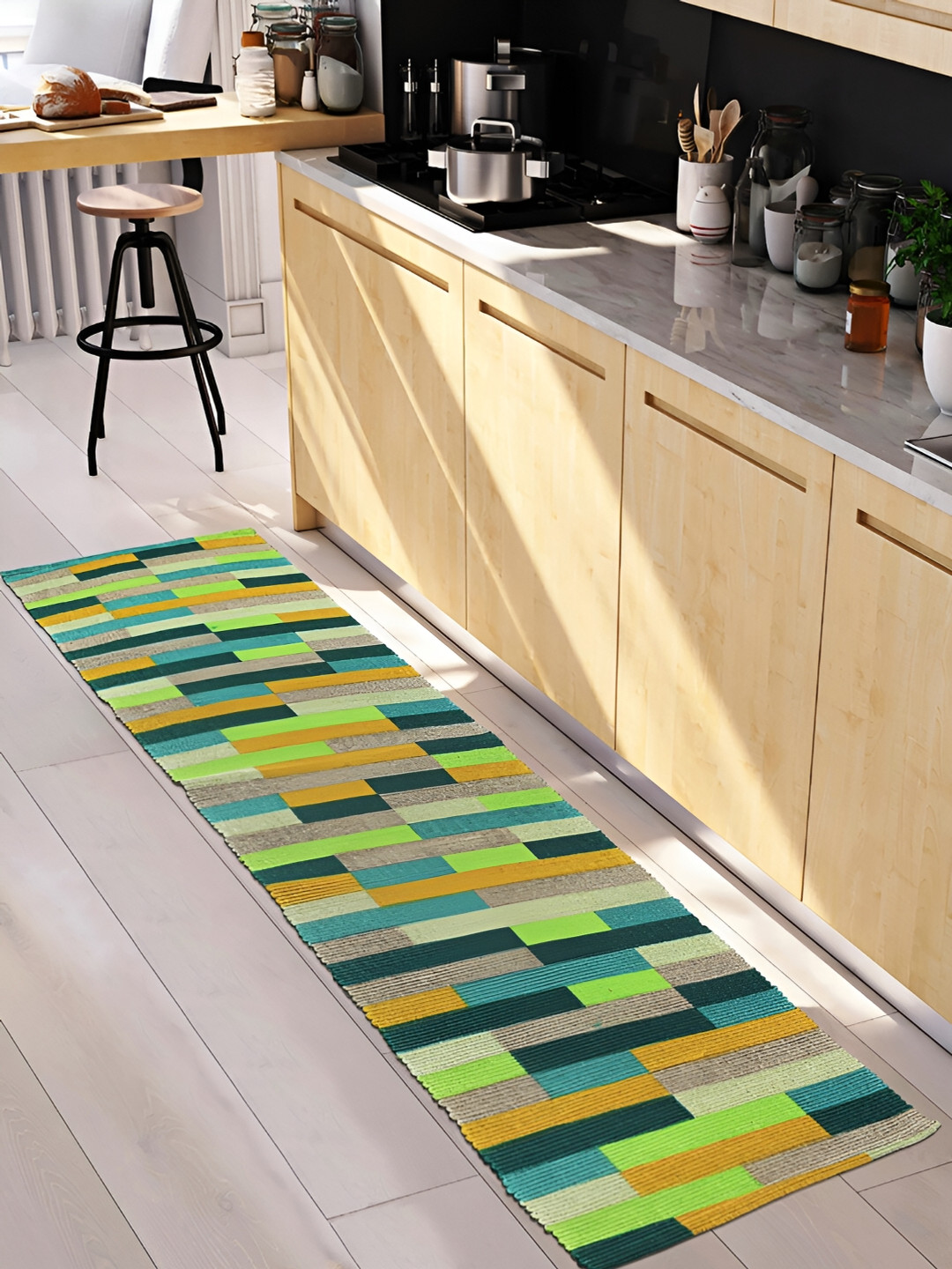 Saral Home LUCIER Yellow & Green Geometric Printed Cotton Anti Skid Rectangle Floor Runner