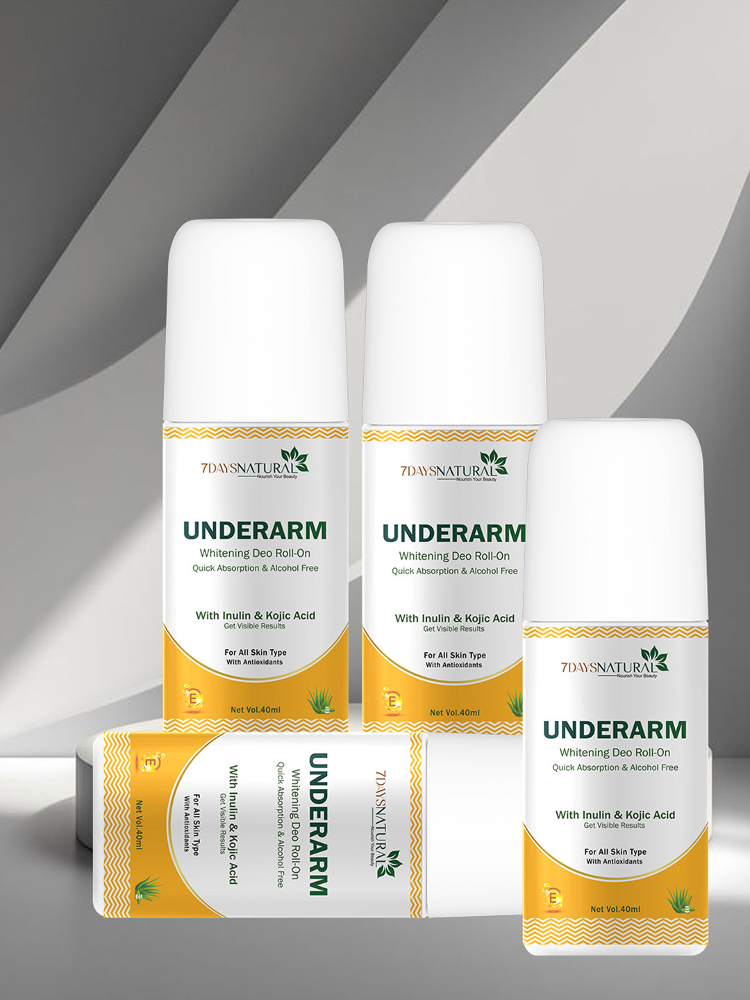 7DAYSNATURAL Set of 4 Underarm Whitening Deo Roll Ons with Inulin - 40 ml Each