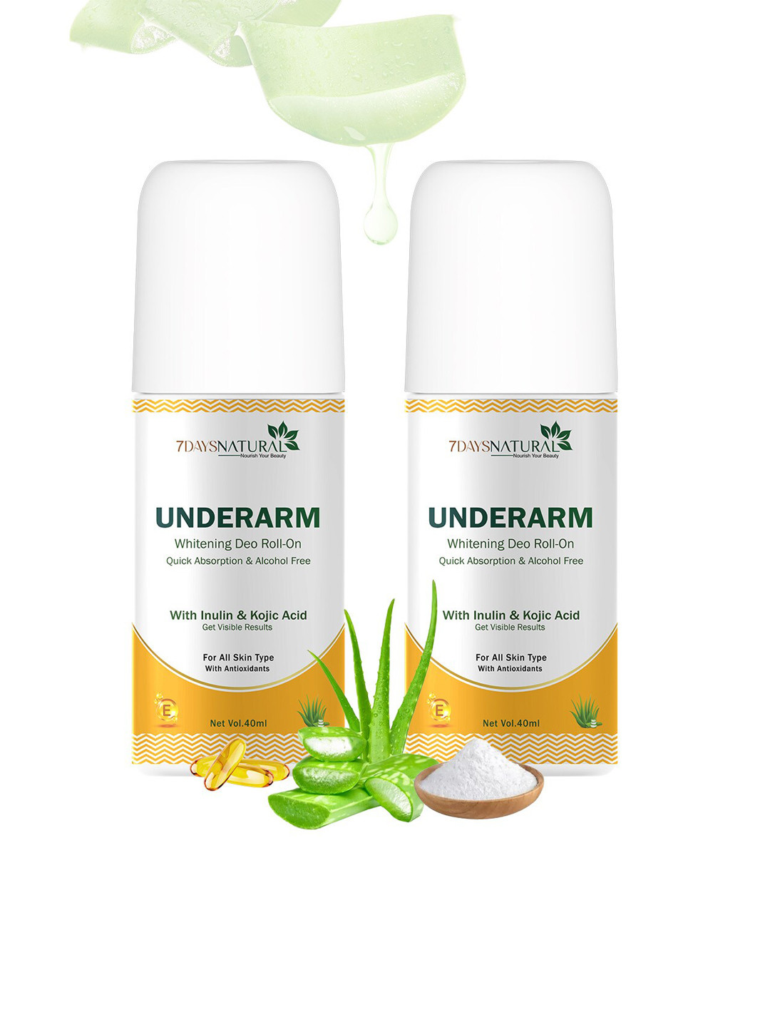 7DAYSNATURAL Set of 2 Underarm Whitening Deo Roll Ons with Inulin - 40 ml Each