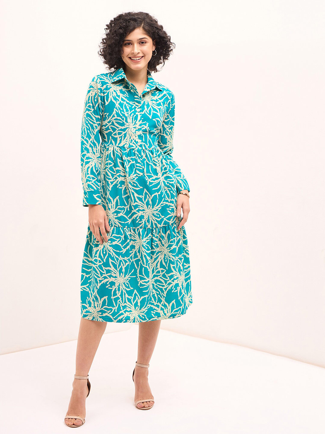 SALT ATTIRE Women Teal ,Off White Printed Shirt Collar Long Sleeves Shirt Dress