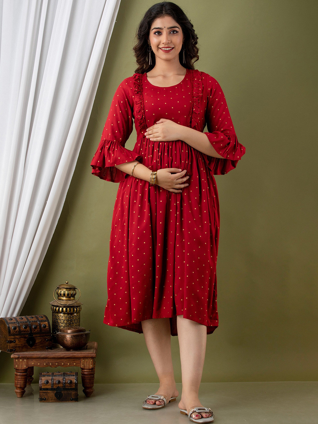 CELEBRAVO Ethnic Motifs Printed Bell Sleeves Maternity Anarkali Kurta